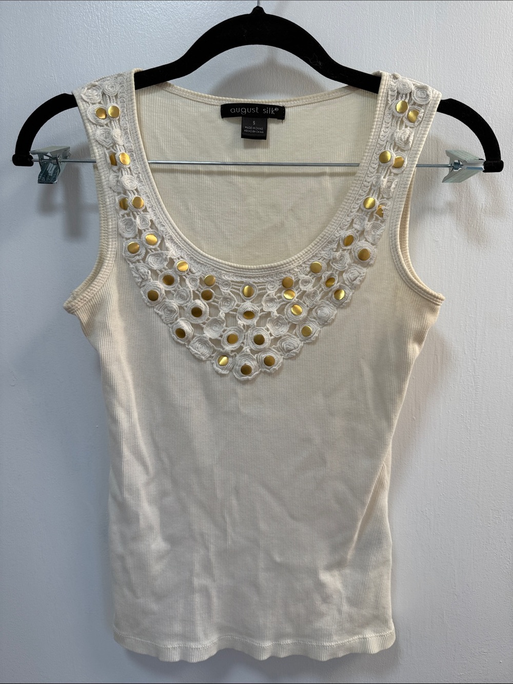 august silk Cream Tank Top with Gold Stud Embellishment